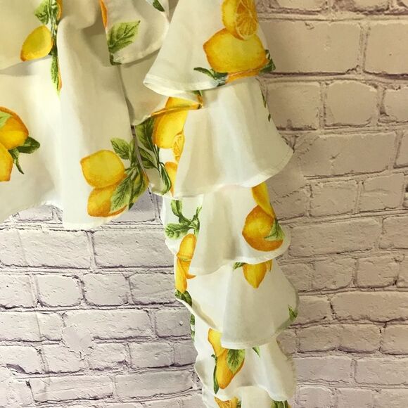 Forever 21 Lemon Ruffle Off Shoulder Crop Top Ruffled Long Sleeves Pop Art Small - Picture 4 of 10